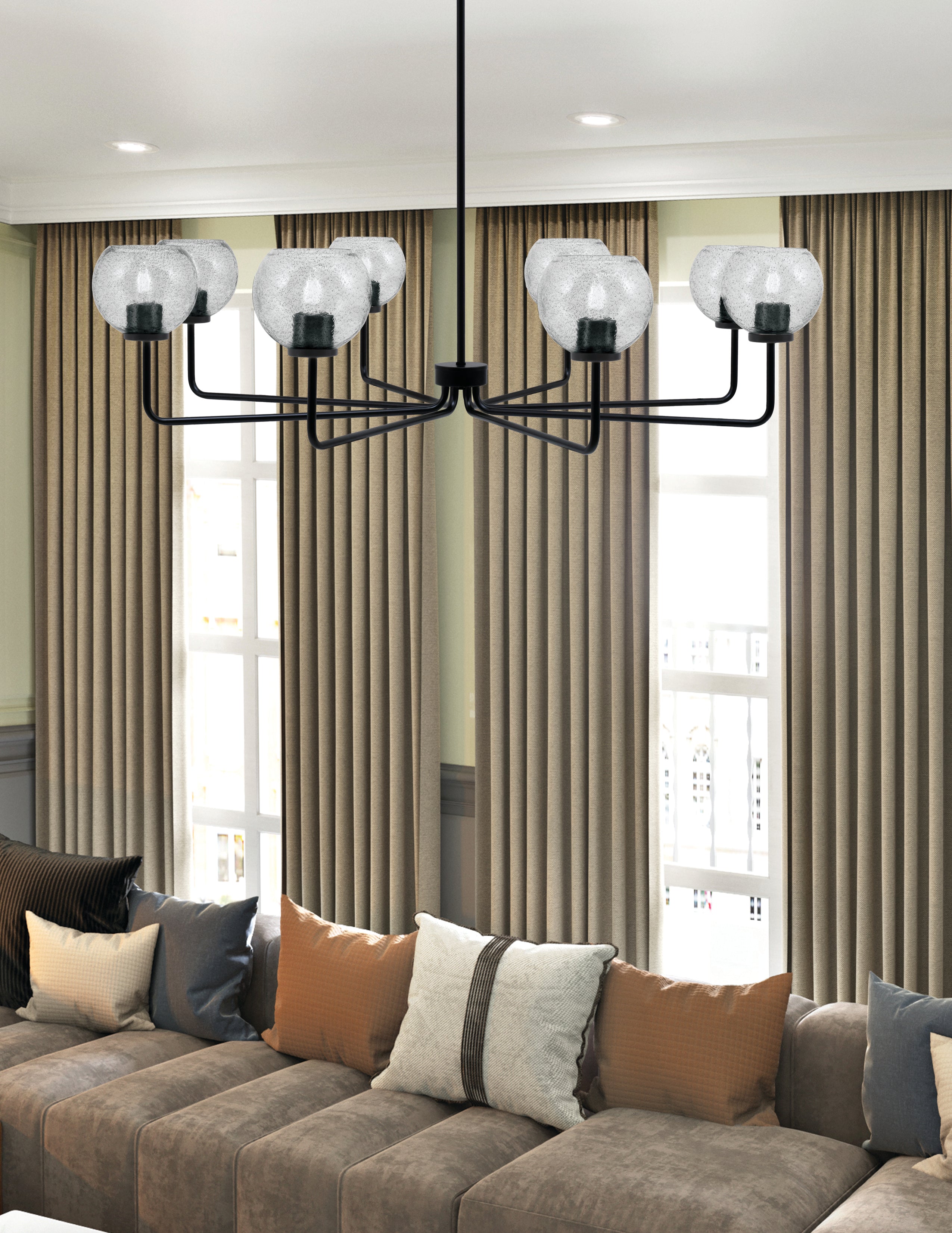 Sandia Eight Light Chandelier in Matte Black with Smoke Bubble Shade