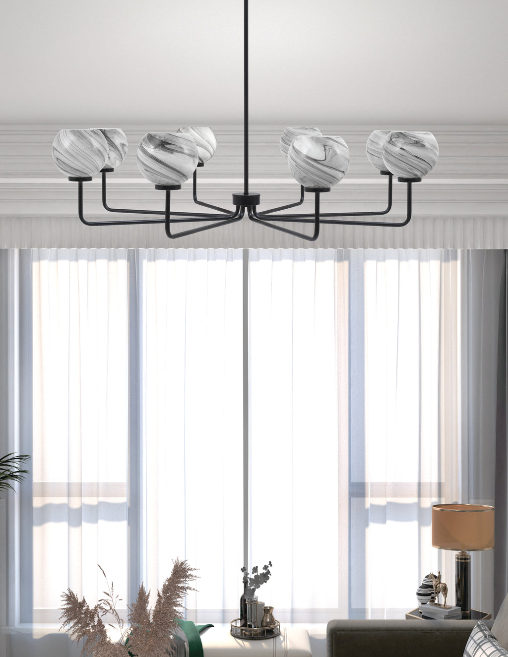 Sandia Eight Light Chandelier in Matte Black with Onyx Swirl Shade