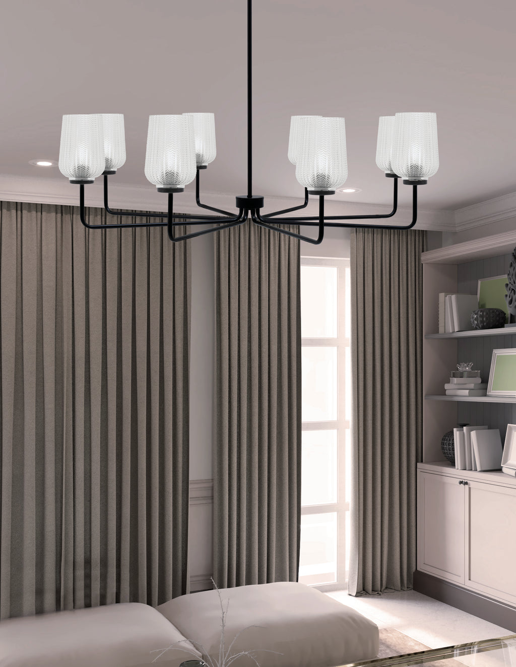 Sandia Eight Light Chandelier in Matte Black with Clear Textured Shade