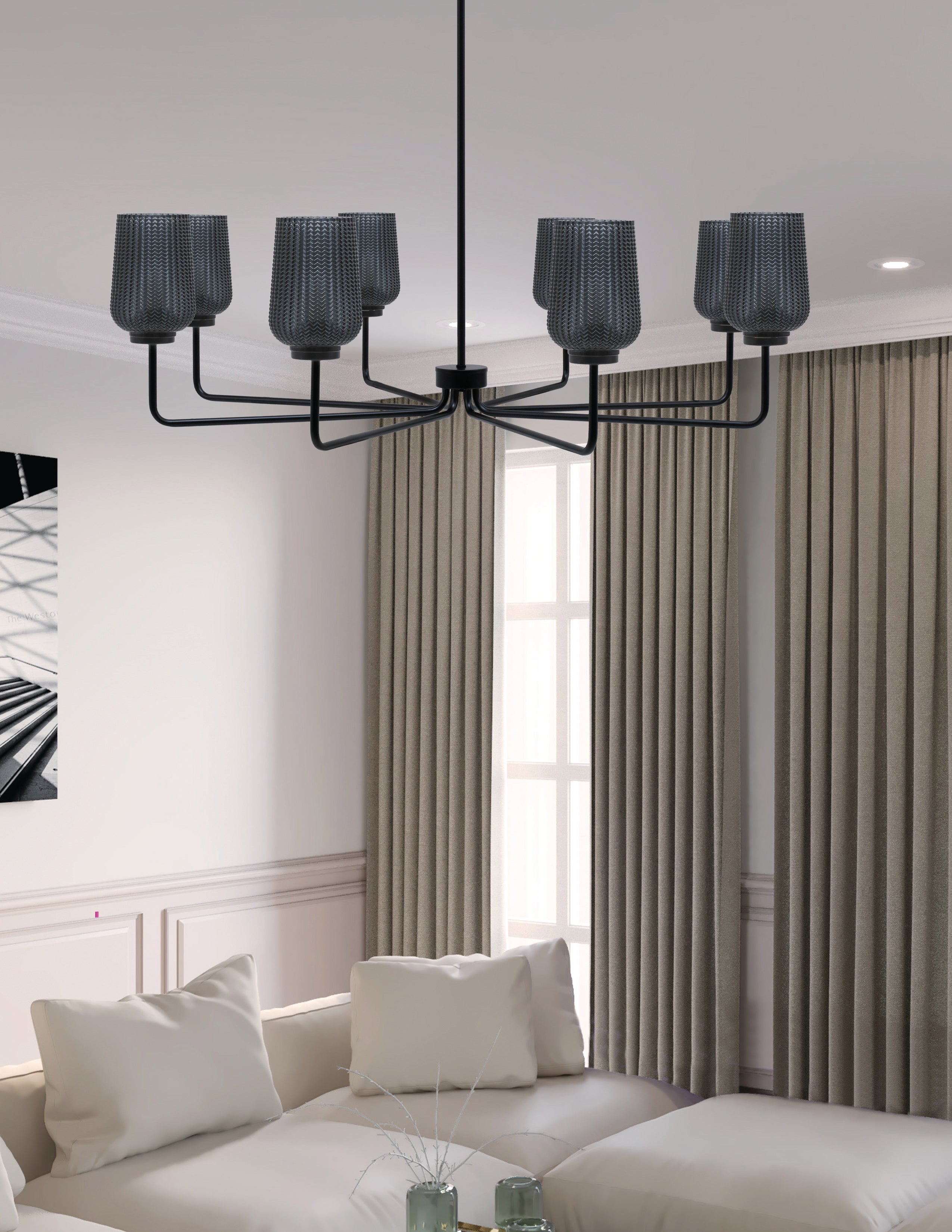 Sandia Eight Light Chandelier in Matte Black with Smoke Textured Shade