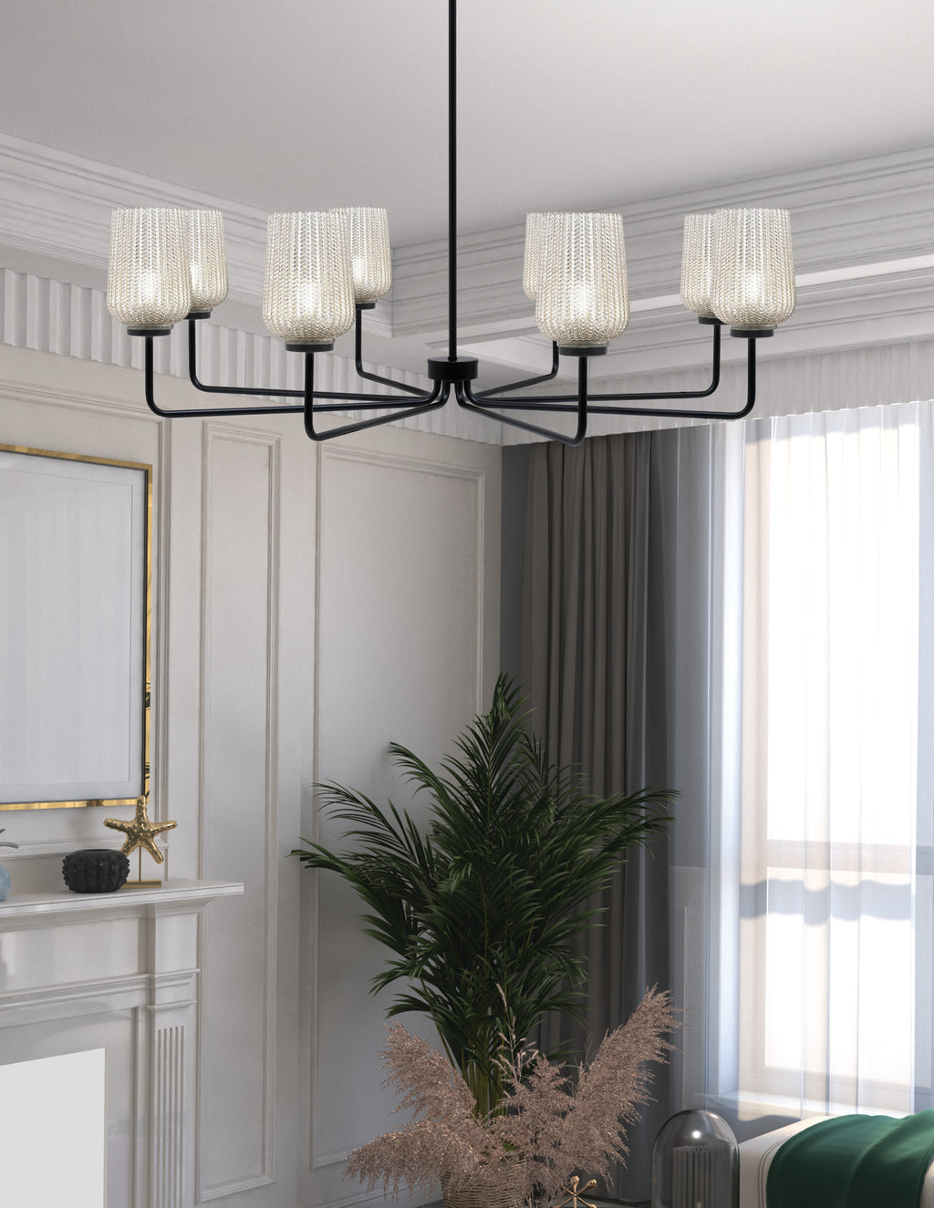 Sandia Eight Light Chandelier in Matte Black with Silver Textured Shade