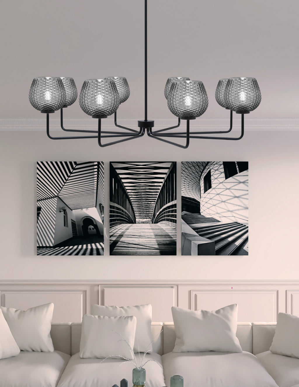 Sandia Eight Light Chandelier in Matte Black with Smoke Textured Shade