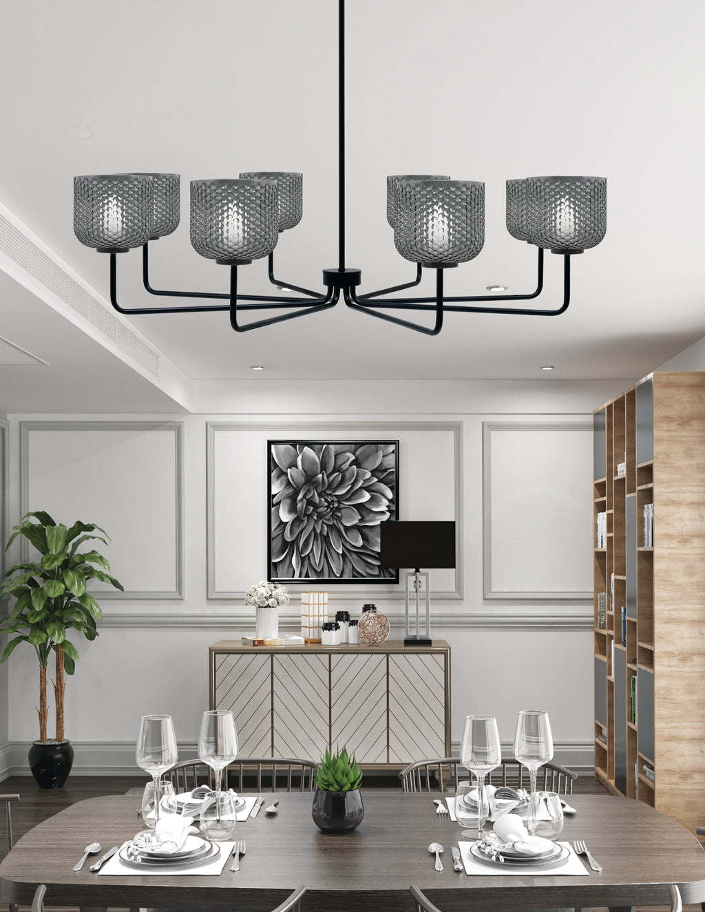 Sandia Eight Light Chandelier in Matte Black with Smoke Textured Shade