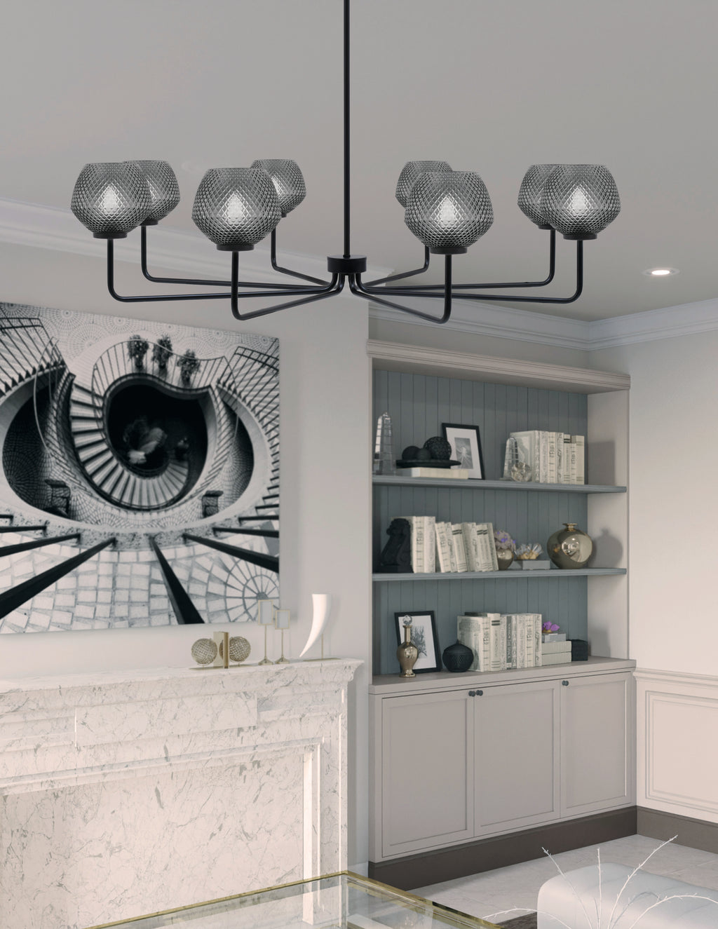 Sandia Eight Light Chandelier in Matte Black with Smoke Textured Shade