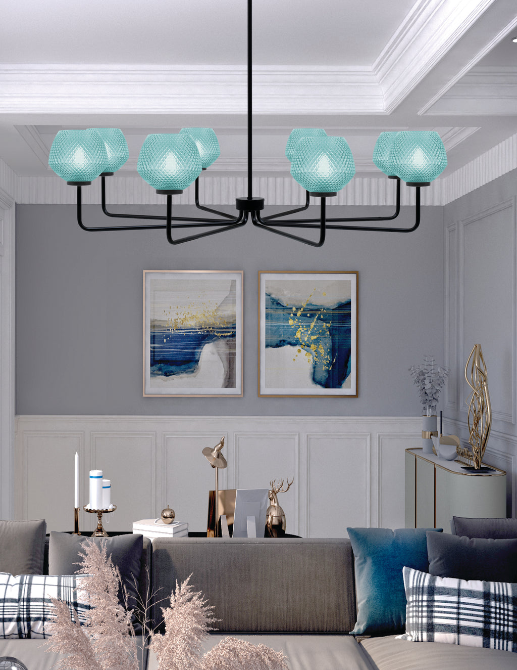 Sandia Eight Light Chandelier in Matte Black with Turquoise Textured Shade