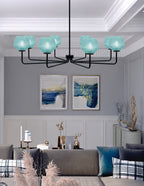 Sandia Eight Light Chandelier in Matte Black with Turquoise Textured Shade