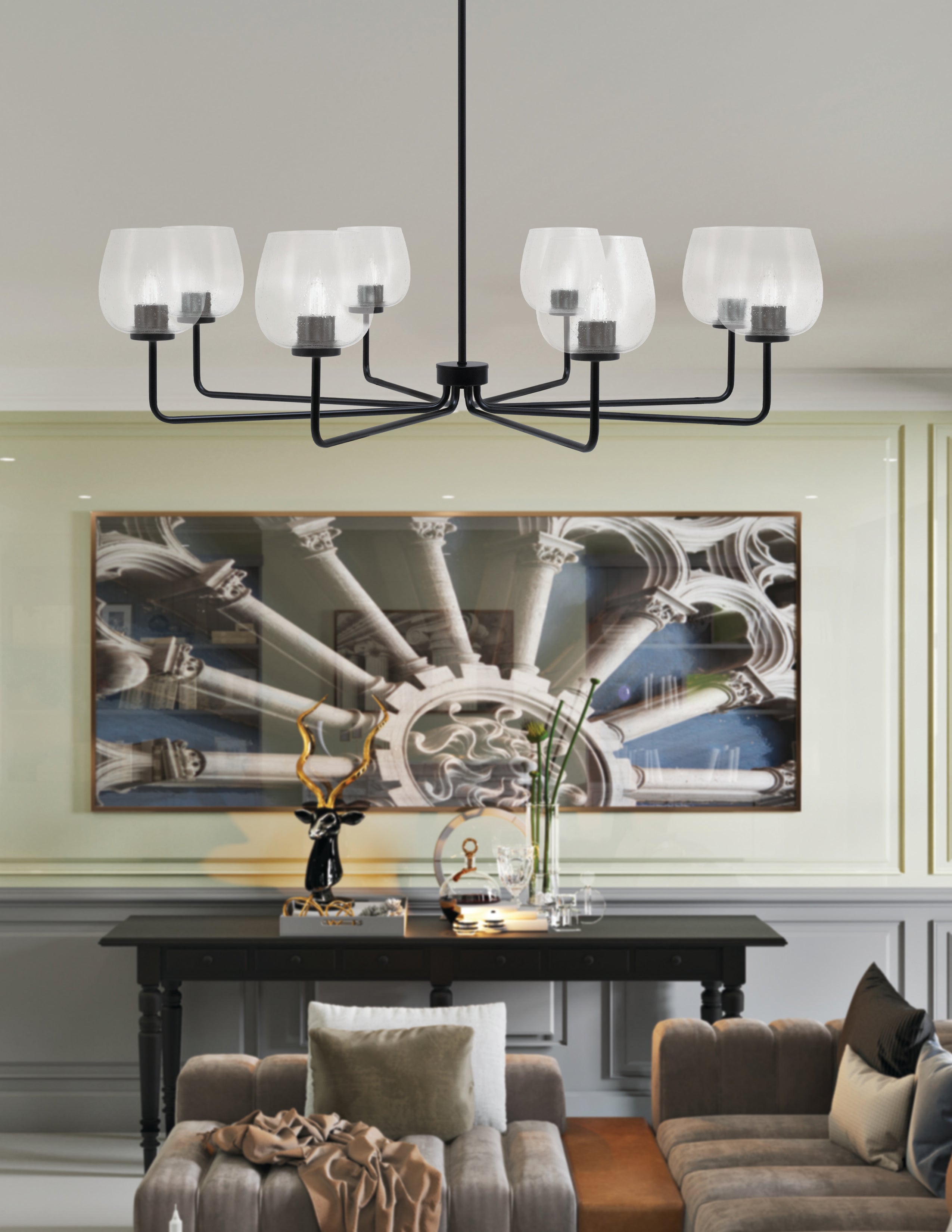 Sandia Eight Light Chandelier in Matte Black with Clear Bubble Shade
