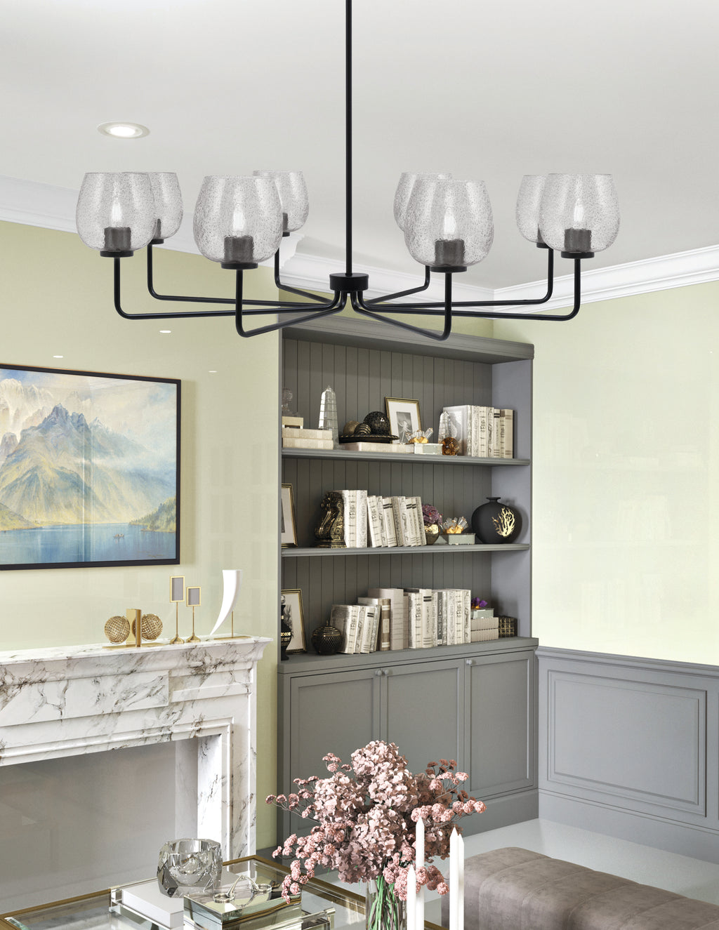 Sandia Eight Light Chandelier in Matte Black with Smoke Bubble Shade