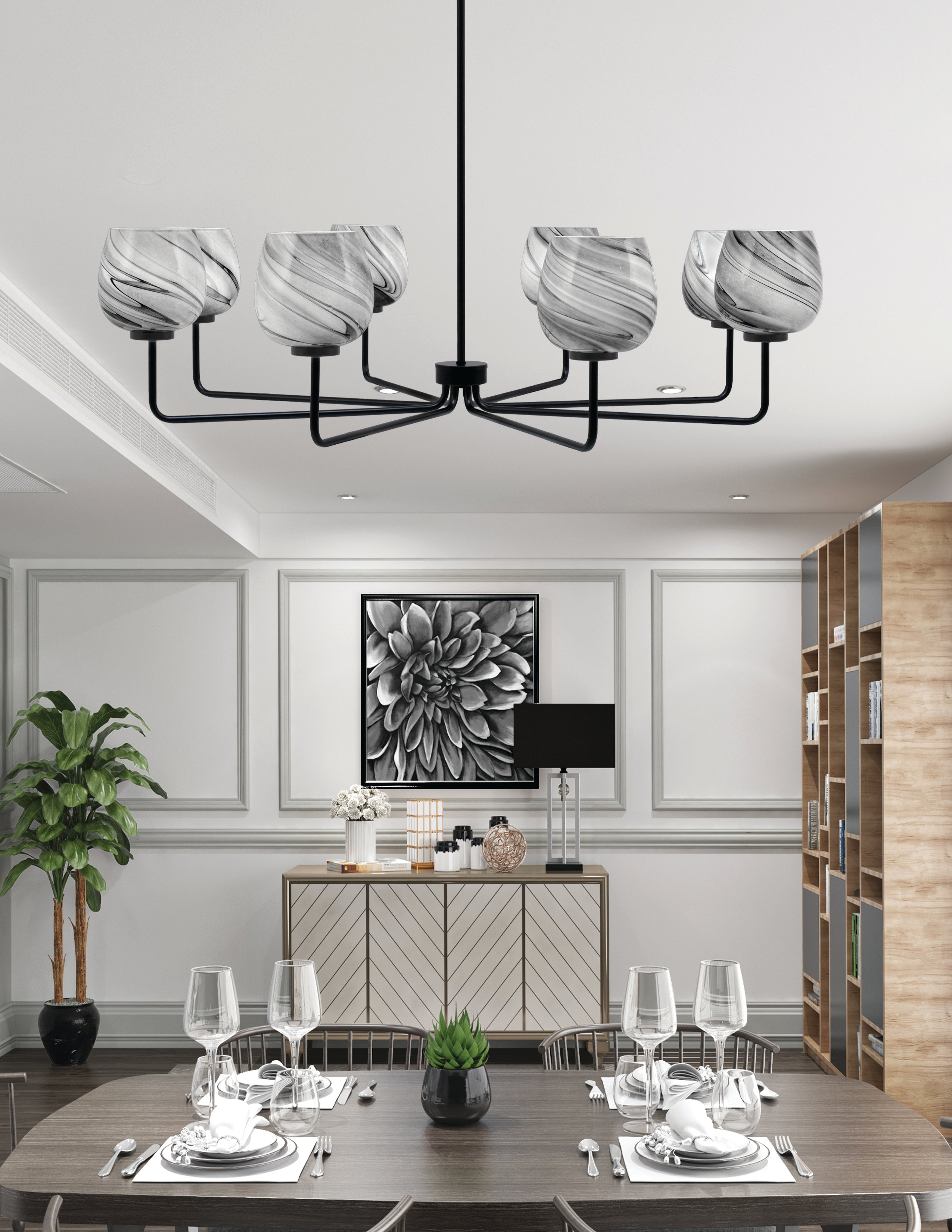 Sandia Eight Light Chandelier in Matte Black with Onyx Swirl Shade