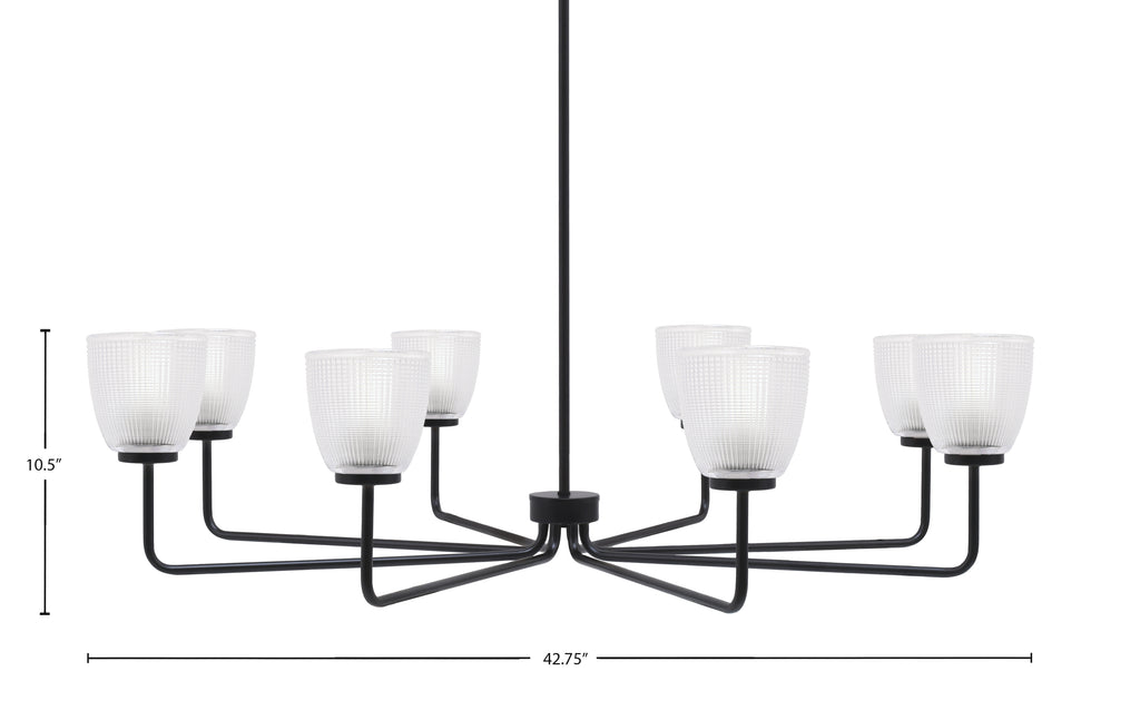 Sandia Eight Light Chandelier in Matte Black with Clear Ribbed Shade