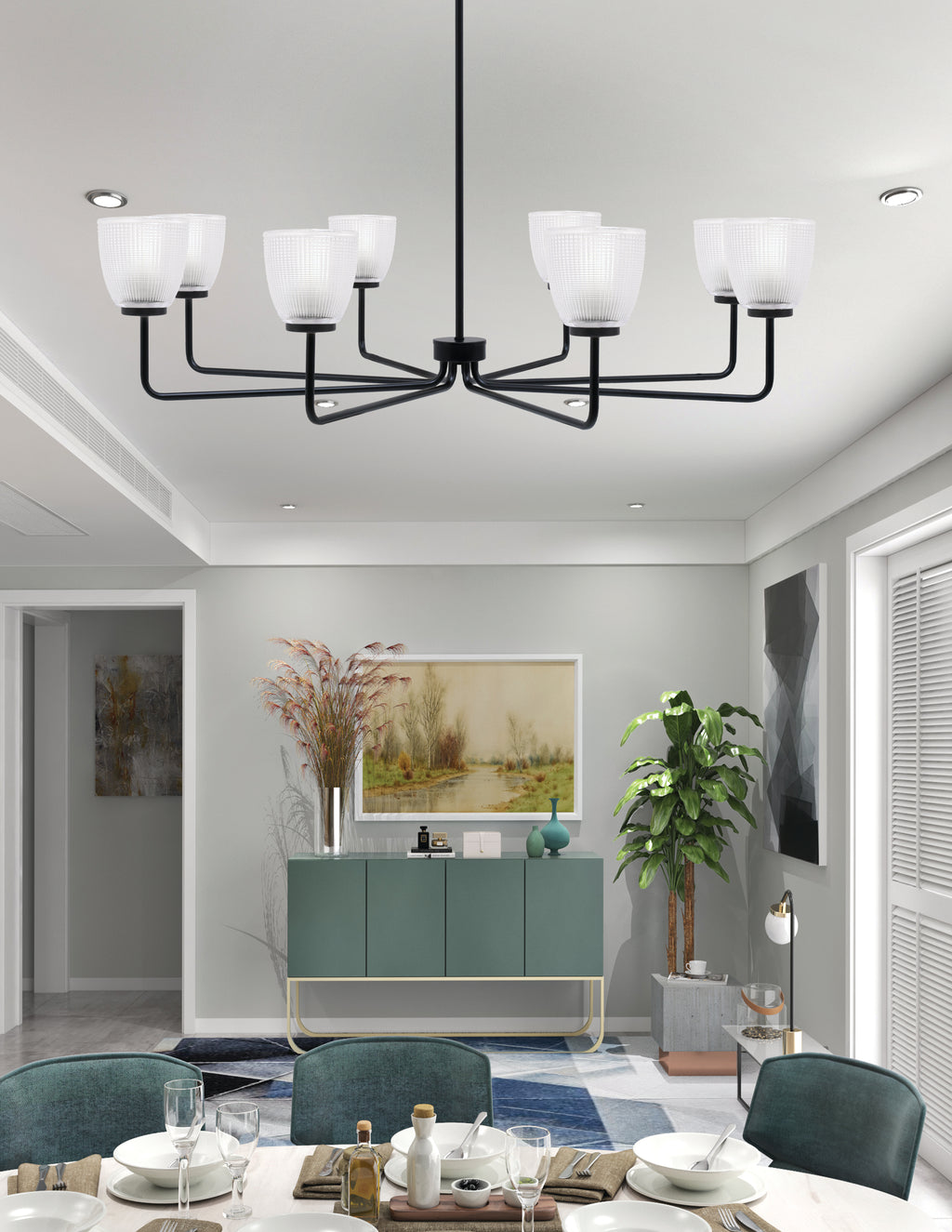 Sandia Eight Light Chandelier in Matte Black with Clear Ribbed Shade