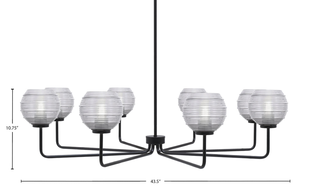 Sandia Eight Light Chandelier in Matte Black with Clear Ribbed Shade