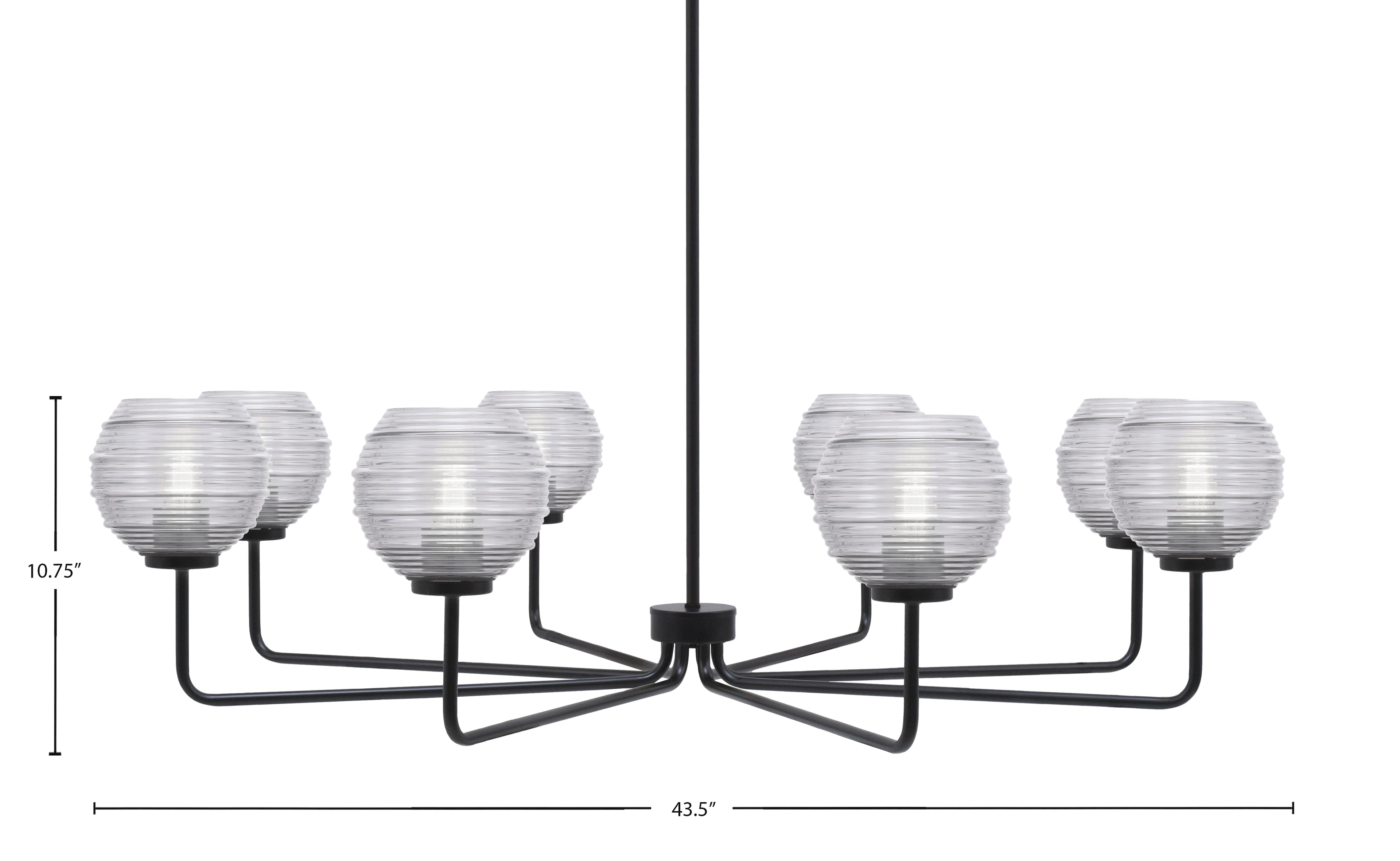 Sandia Eight Light Chandelier in Matte Black with Clear Ribbed Shade