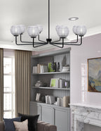 Sandia Eight Light Chandelier in Matte Black with Clear Ribbed Shade
