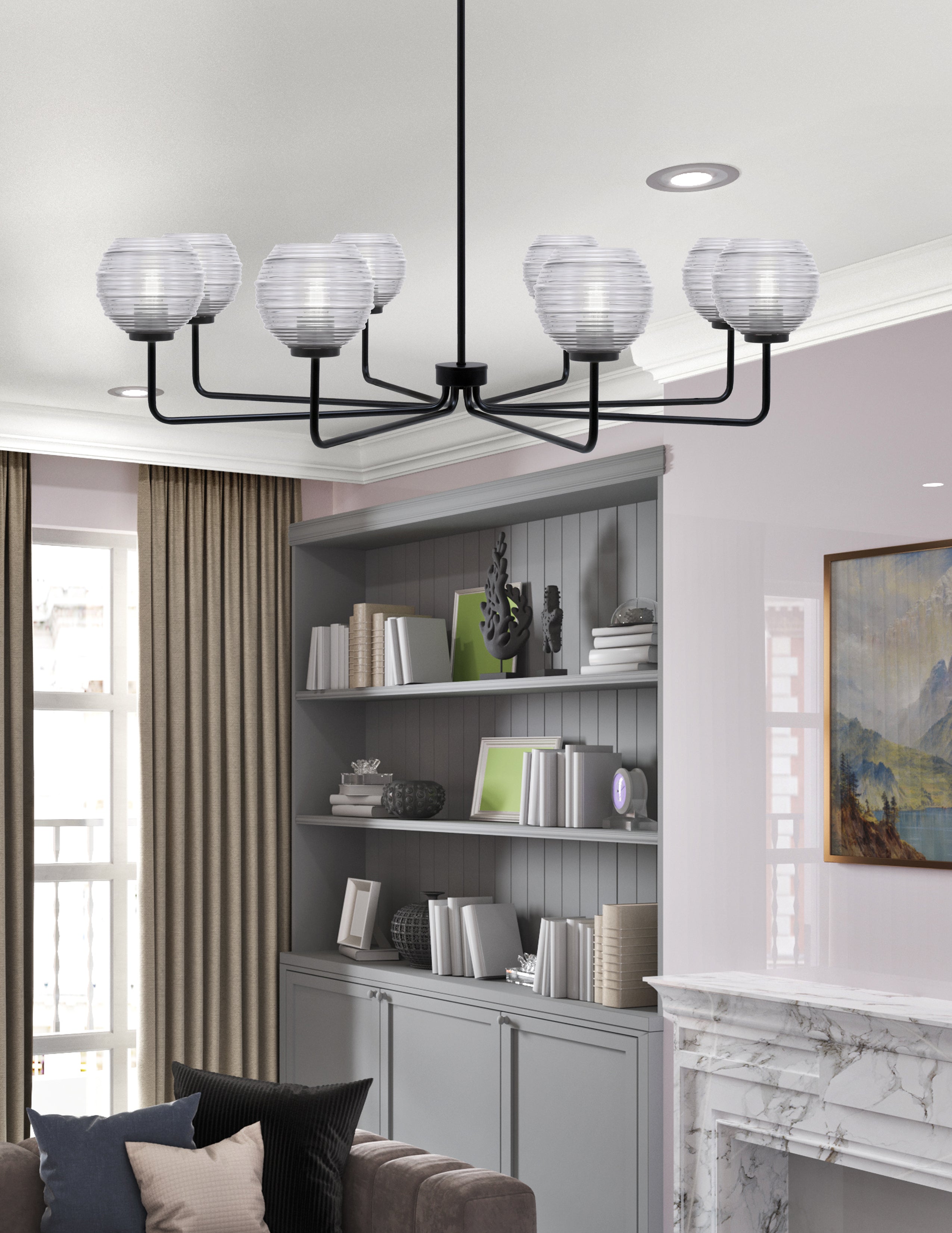 Sandia Eight Light Chandelier in Matte Black with Clear Ribbed Shade