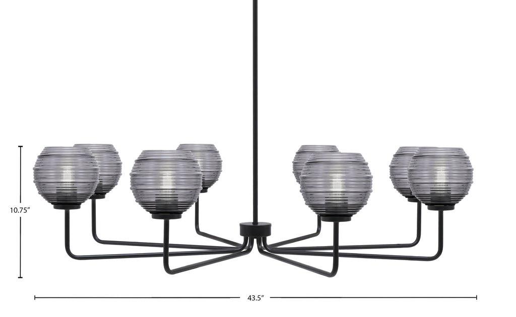 Sandia Eight Light Chandelier in Matte Black with Smoke Ribbed Shade