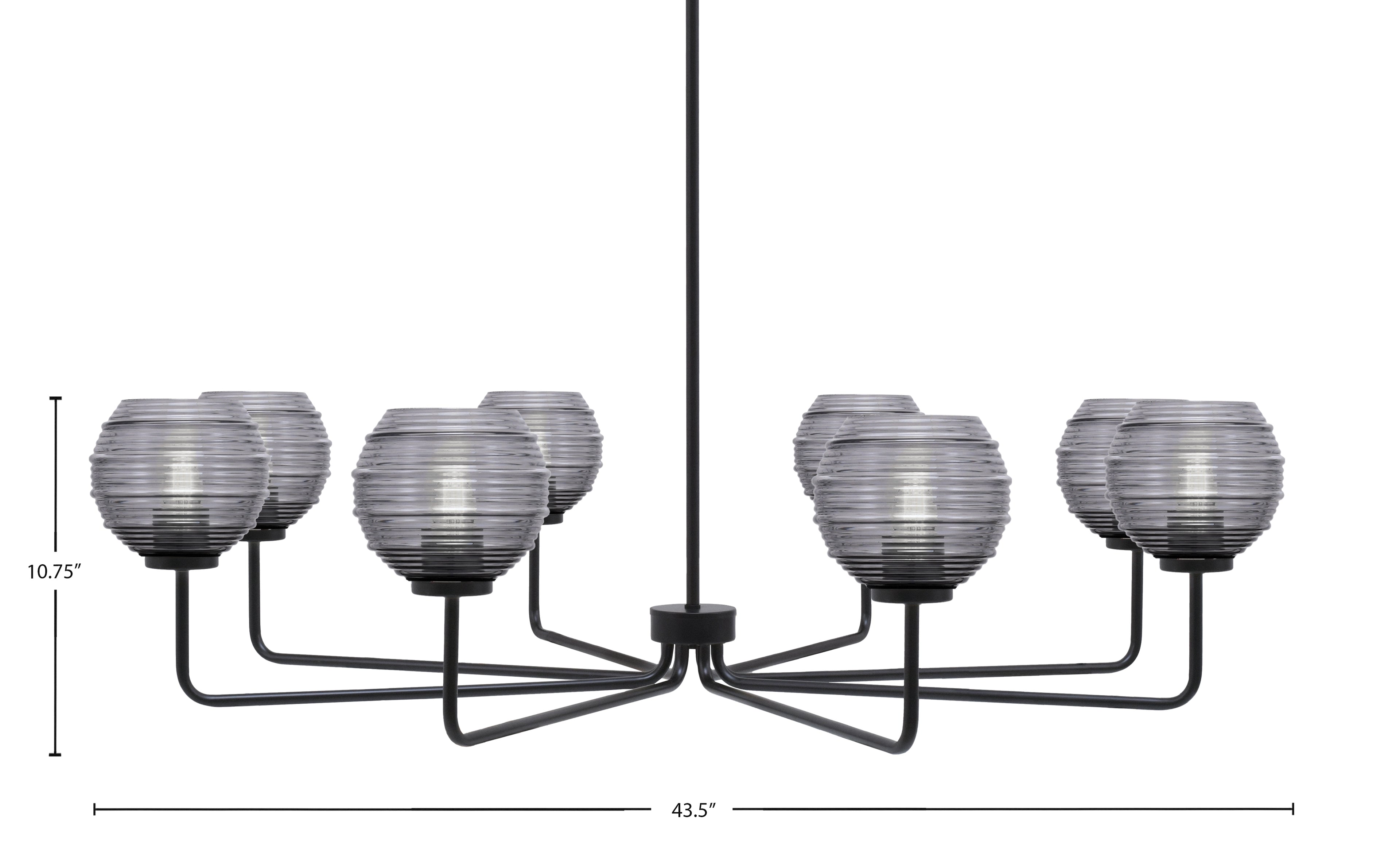 Sandia Eight Light Chandelier in Matte Black with Smoke Ribbed Shade