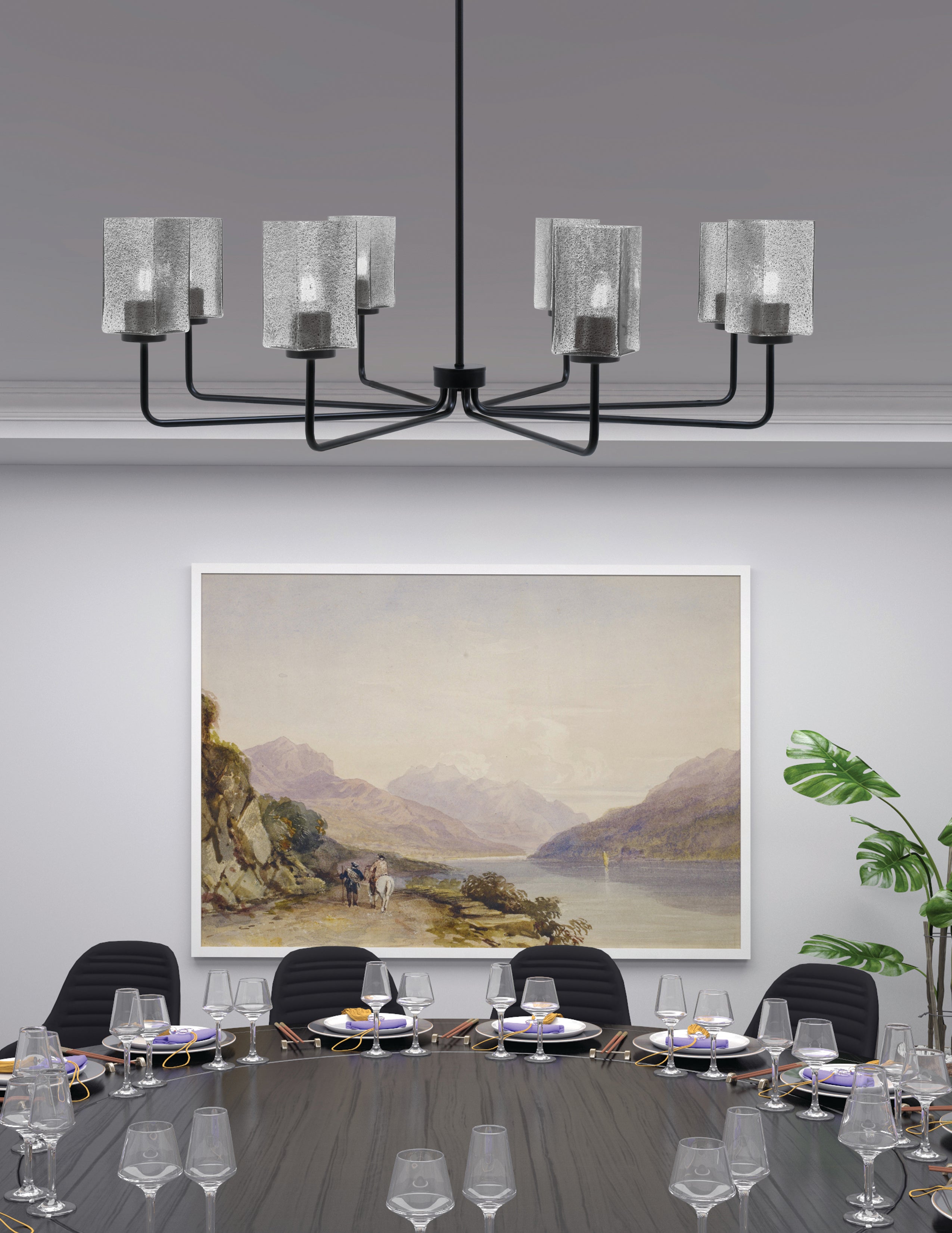 Sandia Eight Light Chandelier in Matte Black with Smoke Bubble Shade