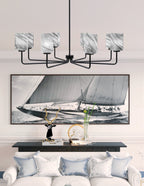 Sandia Eight Light Chandelier in Matte Black with Onyx Swirl Shade