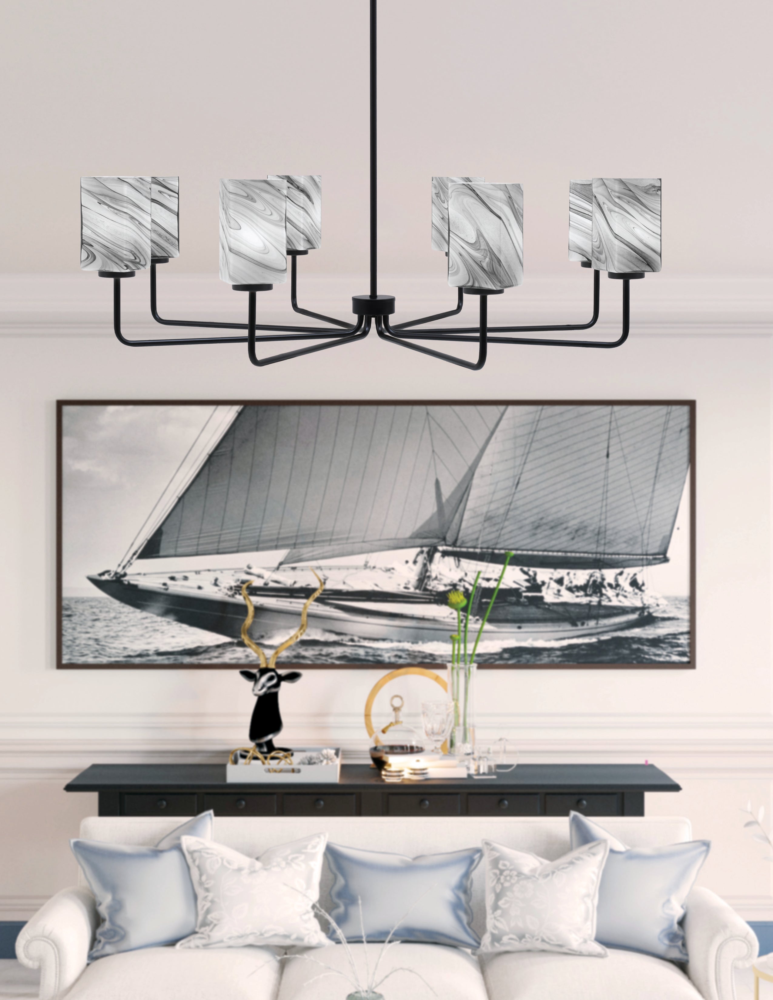 Sandia Eight Light Chandelier in Matte Black with Onyx Swirl Shade