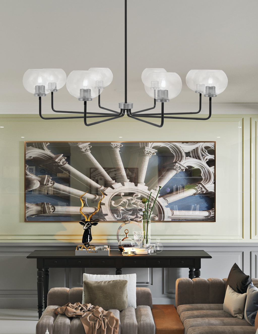 Sandia Eight Light Chandelier in Matte Black & Graphite with Clear Bubble Shade