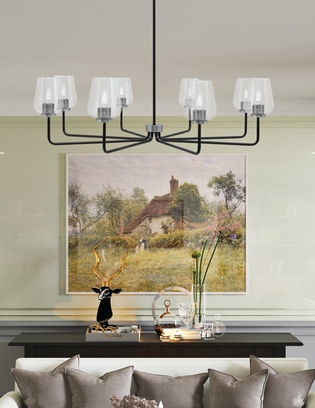 Sandia Eight Light Chandelier in Matte Black & Graphite with Clear Bubble Shade