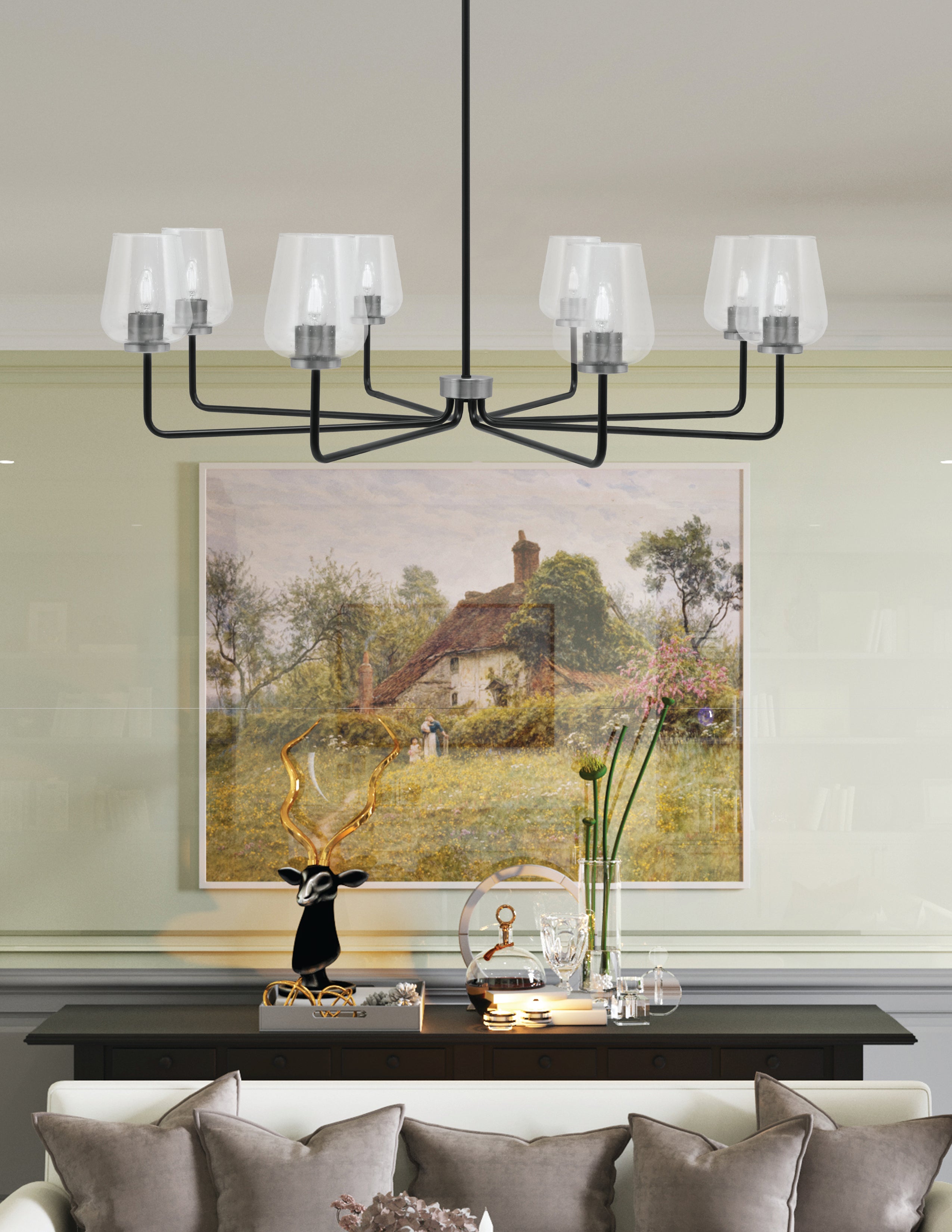 Sandia Eight Light Chandelier in Matte Black & Graphite with Clear Bubble Shade