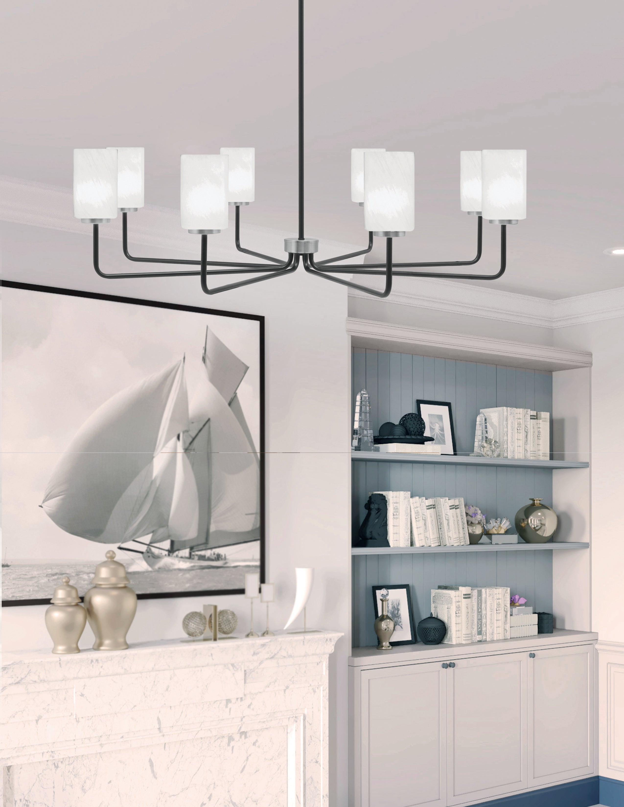 Sandia Eight Light Chandelier in Matte Black & Graphite with White Marble Shade