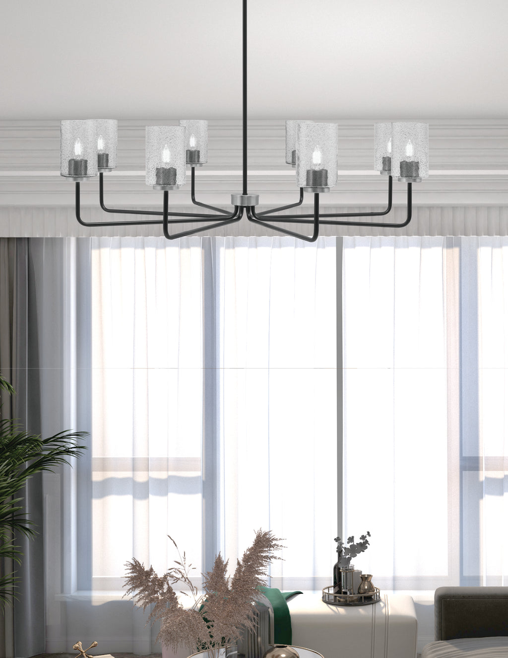 Sandia Eight Light Chandelier in Matte Black & Graphite with Smoke Bubble Shade
