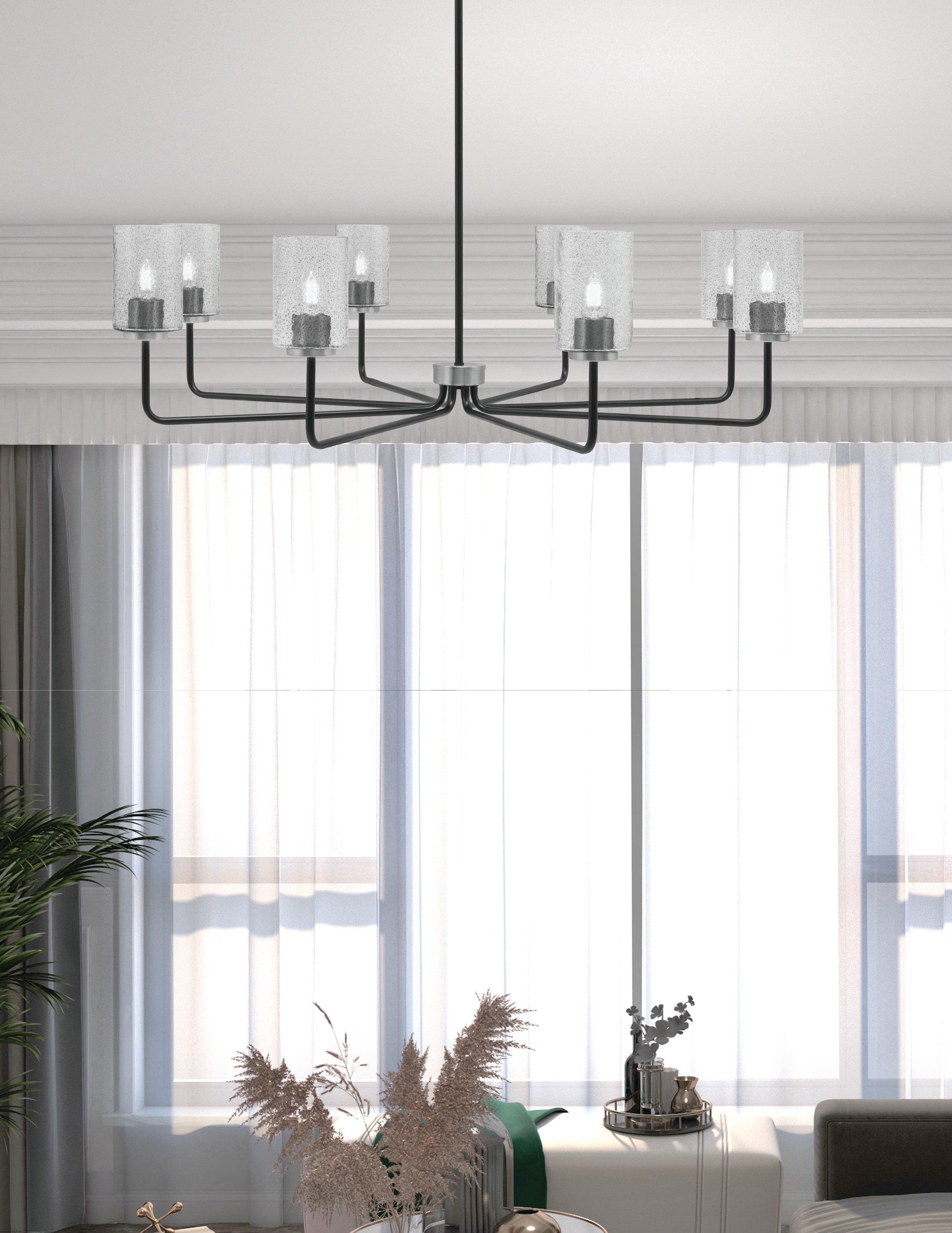 Sandia Eight Light Chandelier in Matte Black & Graphite with Smoke Bubble Shade
