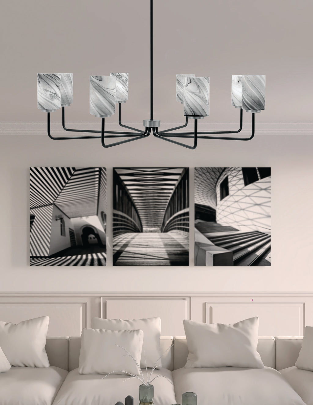 Sandia Eight Light Chandelier in Matte Black & Graphite with Onyx Swirl Shade
