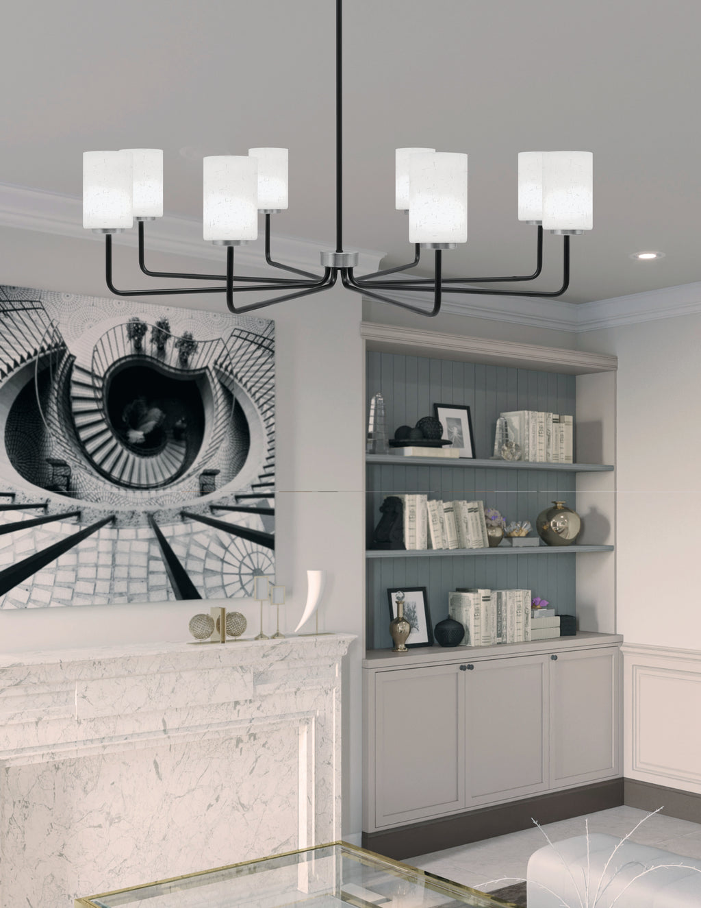Sandia Eight Light Chandelier in Matte Black & Graphite with White Muslin Shade