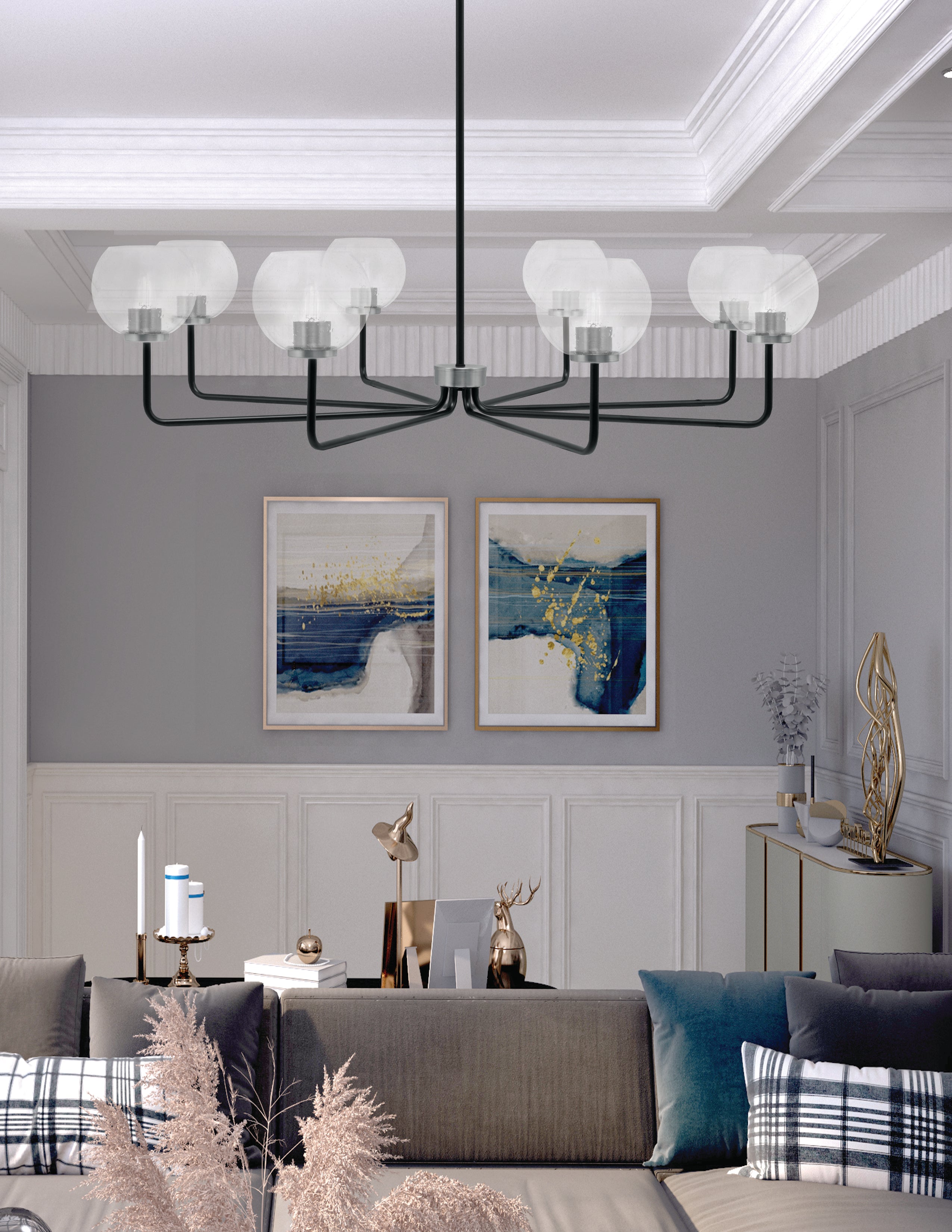 Sandia Eight Light Chandelier in Matte Black & Graphite with Clear Bubble Shade