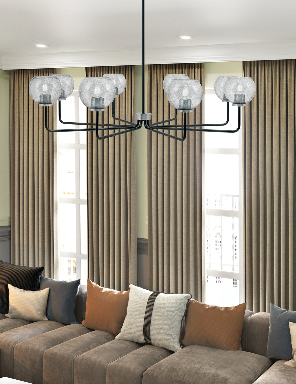 Sandia Eight Light Chandelier in Matte Black & Graphite with Smoke Bubble Shade