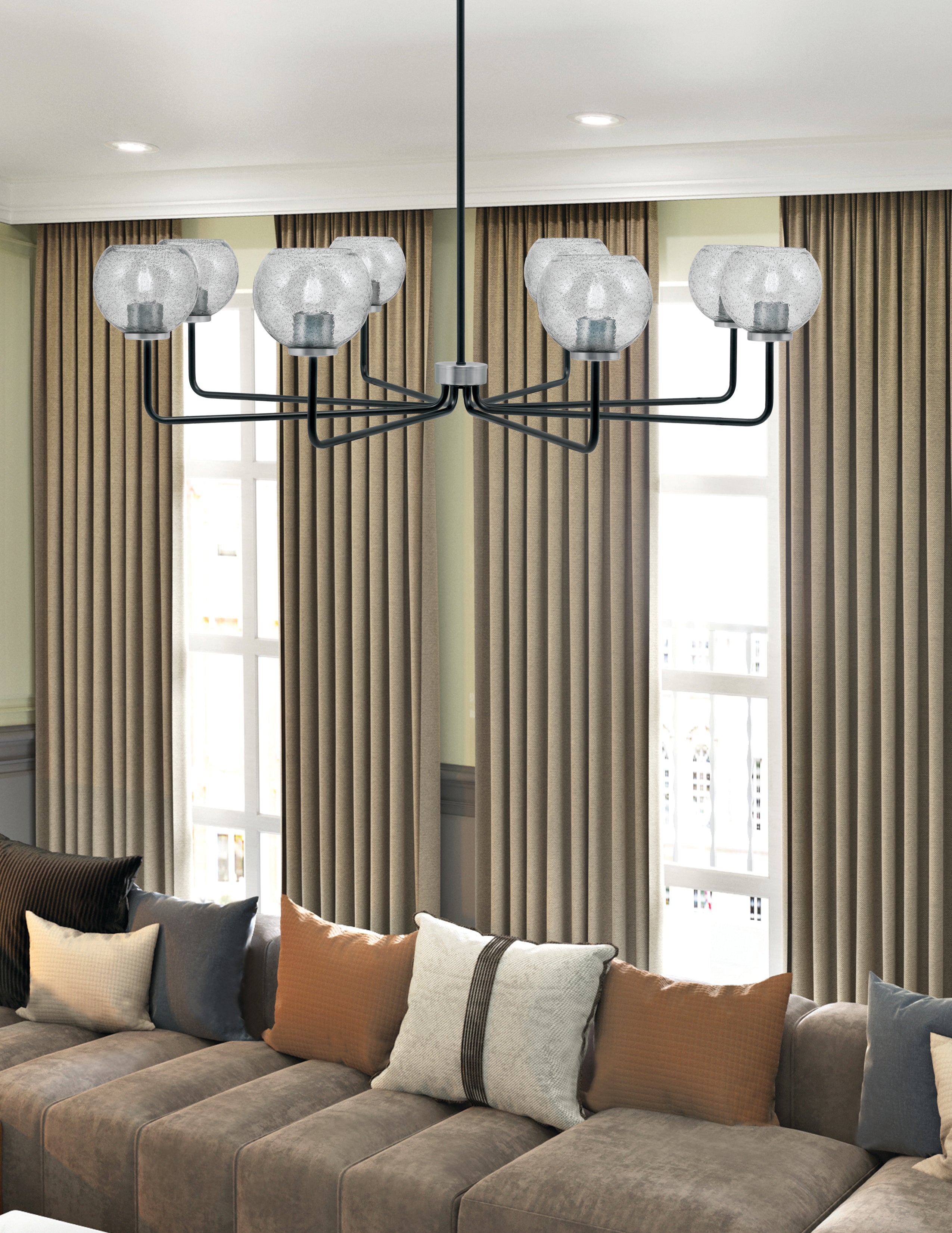 Sandia Eight Light Chandelier in Matte Black & Graphite with Smoke Bubble Shade