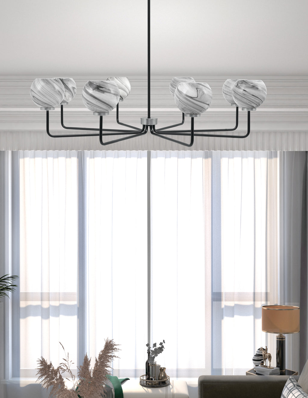 Sandia Eight Light Chandelier in Matte Black & Graphite with Onyx Swirl Shade