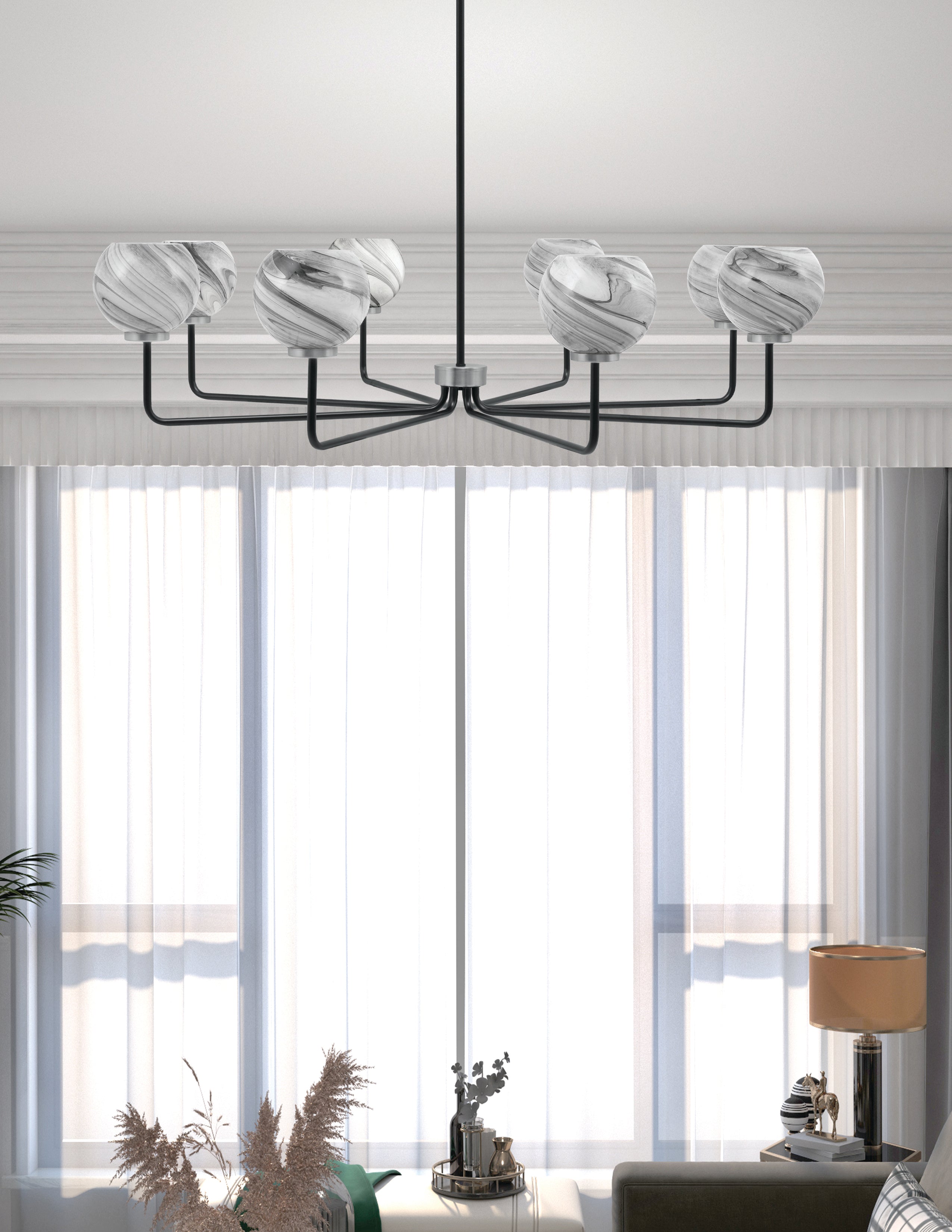 Sandia Eight Light Chandelier in Matte Black & Graphite with Onyx Swirl Shade