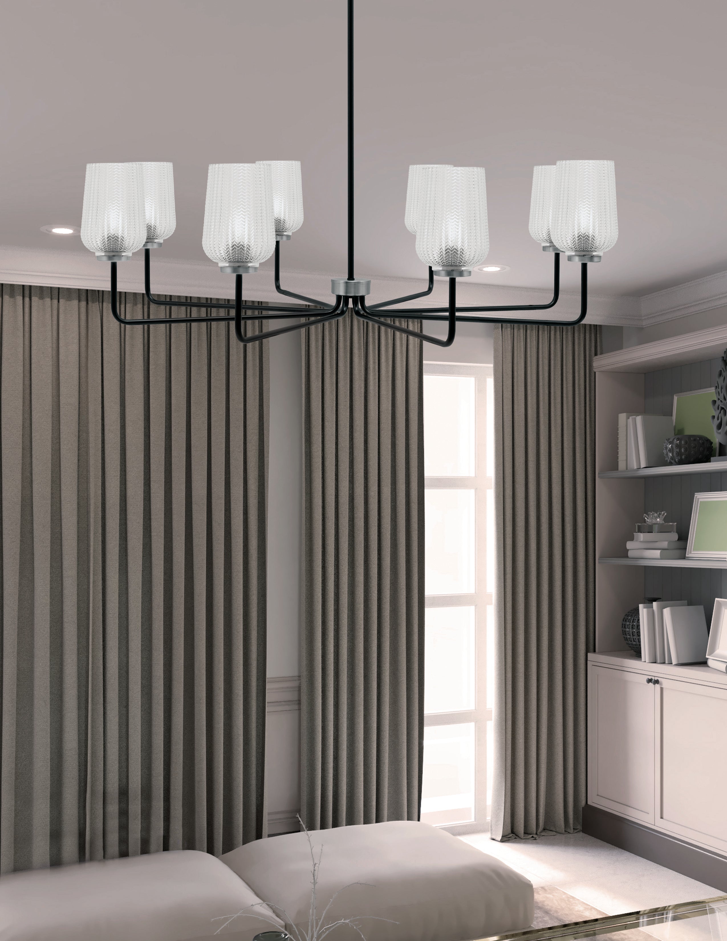 Sandia Eight Light Chandelier in Matte Black & Graphite with Clear Textured Shade