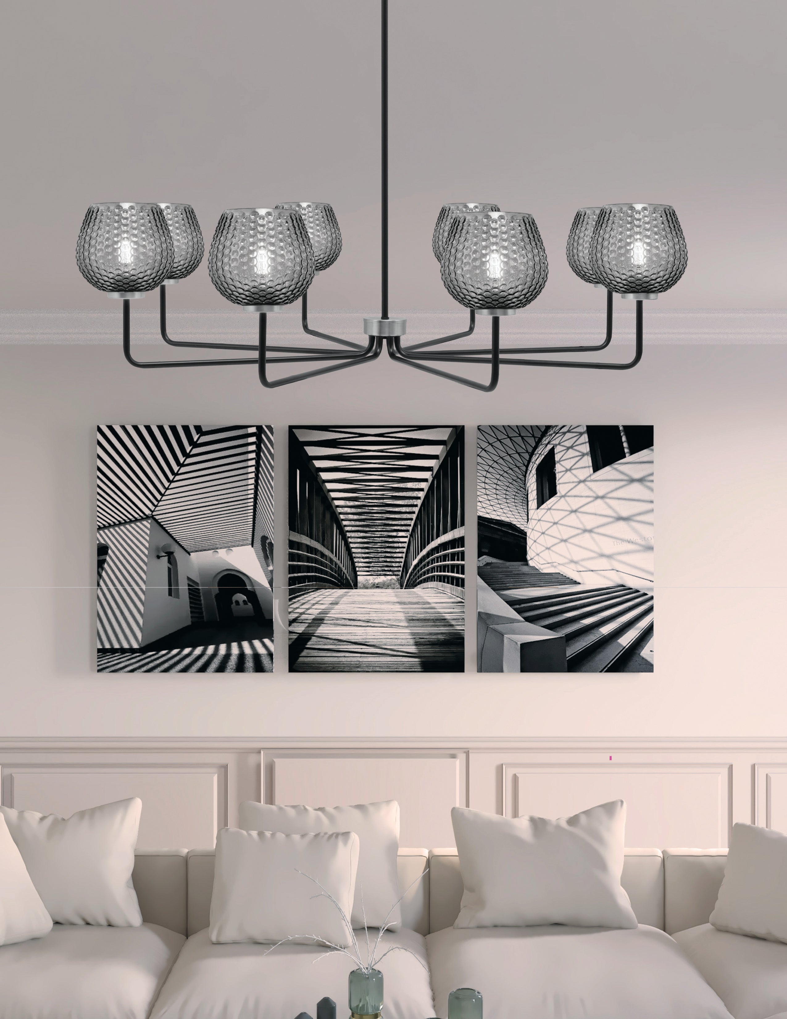 Sandia Eight Light Chandelier in Matte Black & Graphite with Smoke Textured Shade