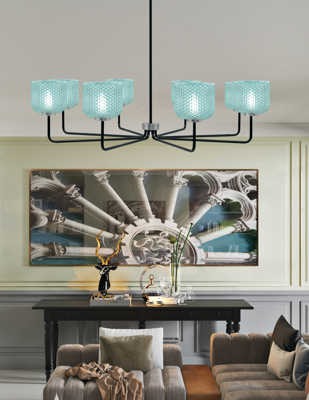 Sandia Eight Light Chandelier in Matte Black & Graphite with Turquoise Textured Shade