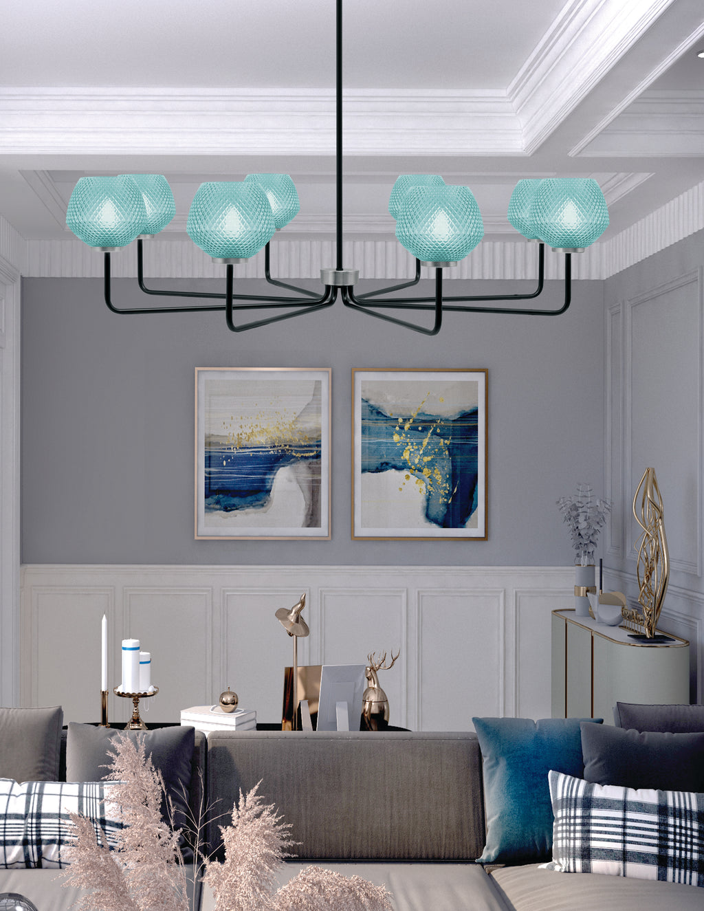 Sandia Eight Light Chandelier in Matte Black & Graphite with Turquoise Textured Shade