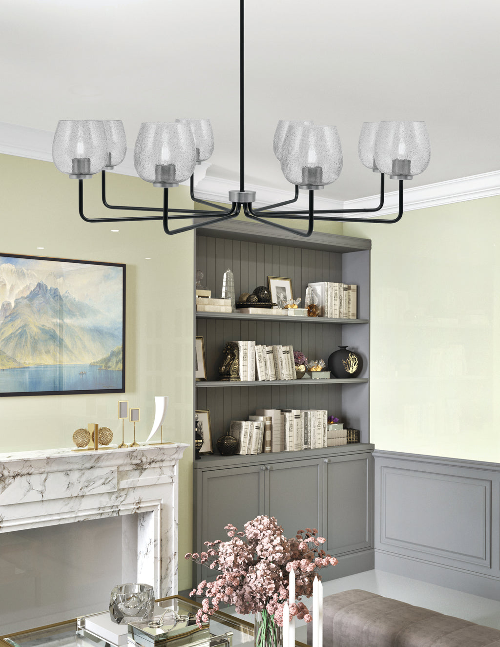 Sandia Eight Light Chandelier in Matte Black & Graphite with Smoke Bubble Shade