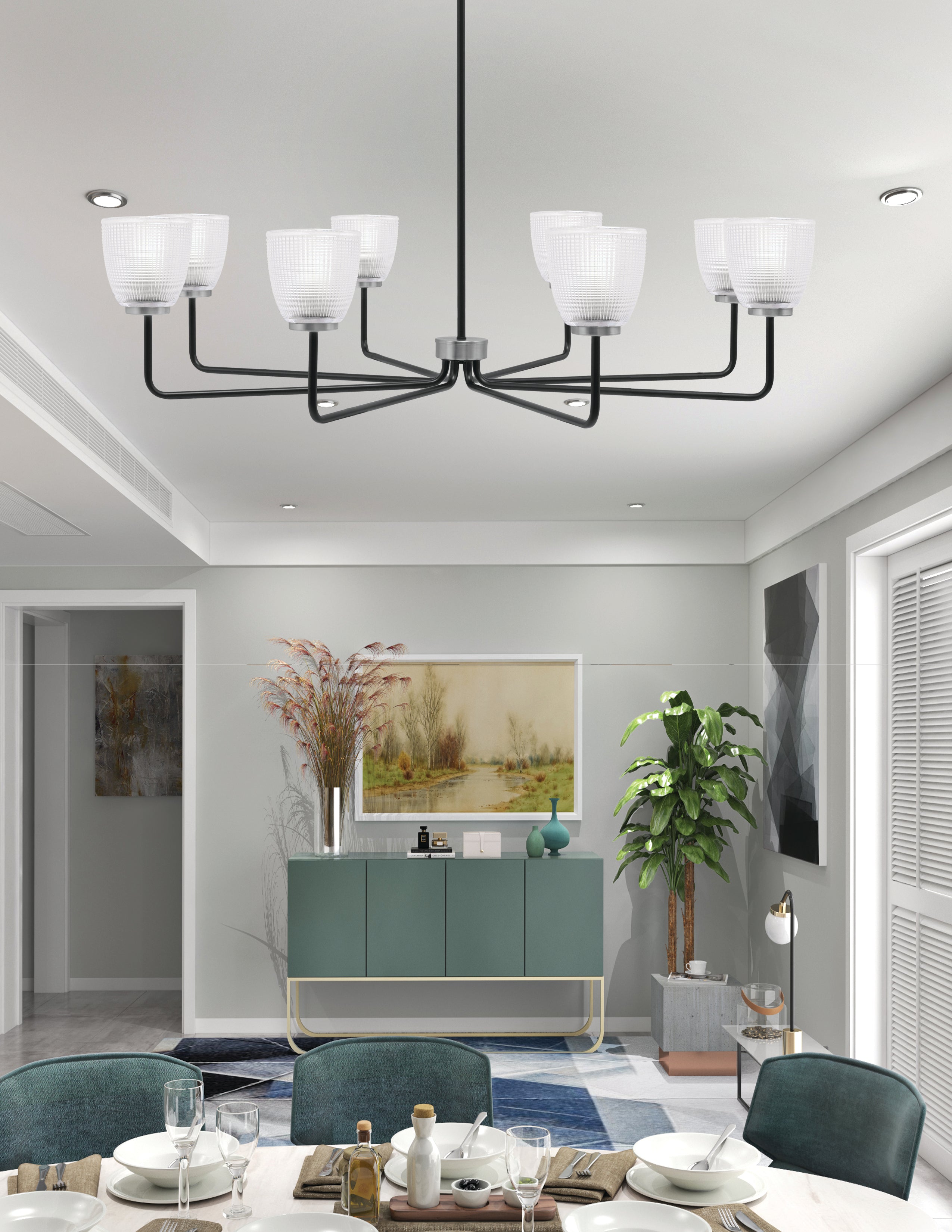 Sandia Eight Light Chandelier in Matte Black & Graphite with Clear Ribbed Shade
