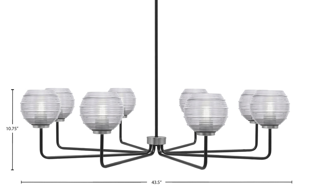 Sandia Eight Light Chandelier in Matte Black & Graphite with Clear Ribbed Shade