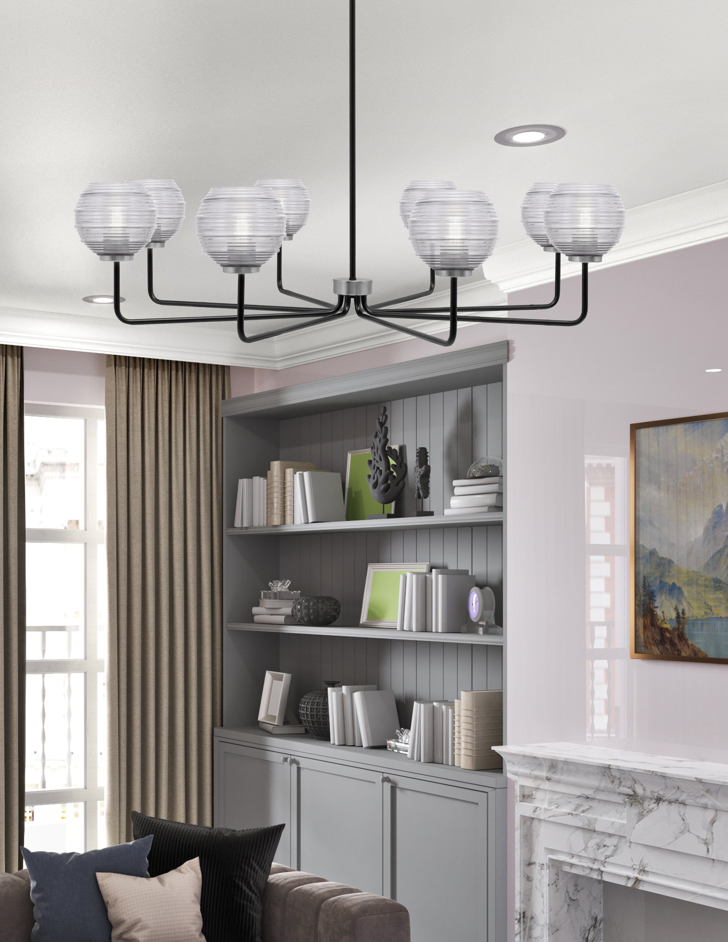 Sandia Eight Light Chandelier in Matte Black & Graphite with Clear Ribbed Shade