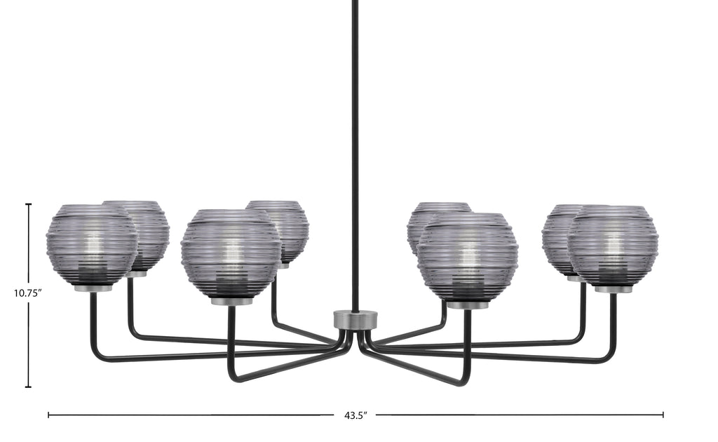 Sandia Eight Light Chandelier in Matte Black & Graphite with Smoke Ribbed Shade