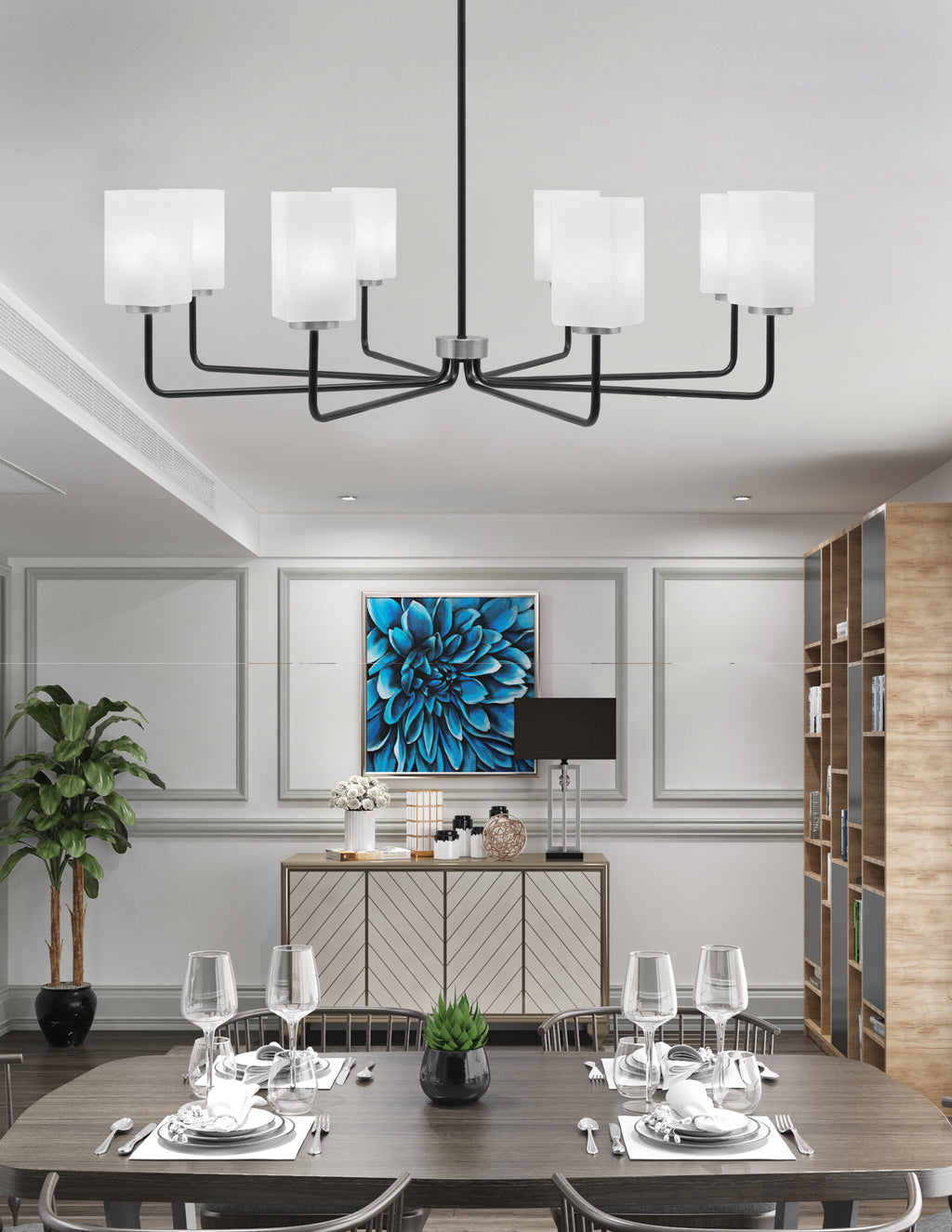 Sandia Eight Light Chandelier in Matte Black & Graphite with White Marble Shade