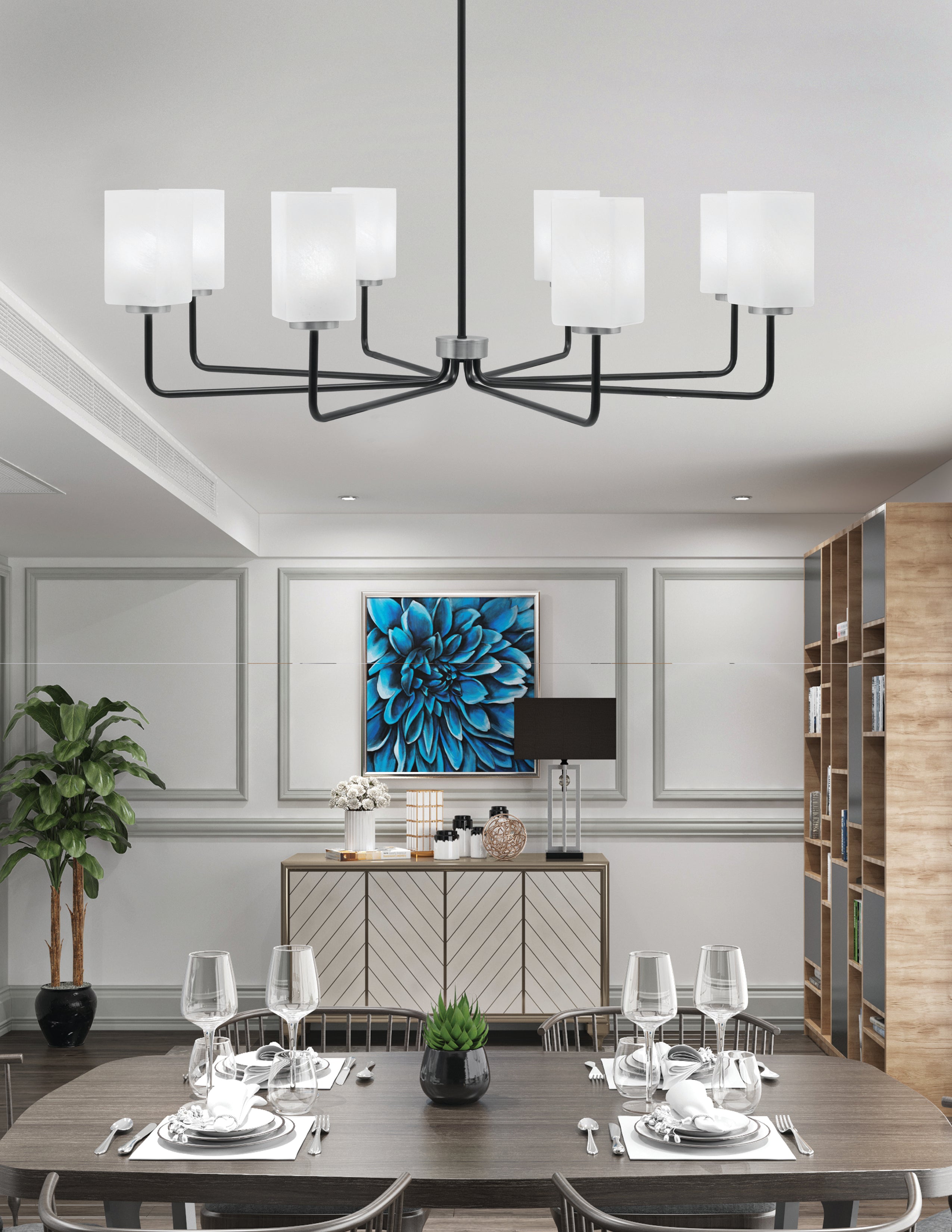 Sandia Eight Light Chandelier in Matte Black & Graphite with White Marble Shade