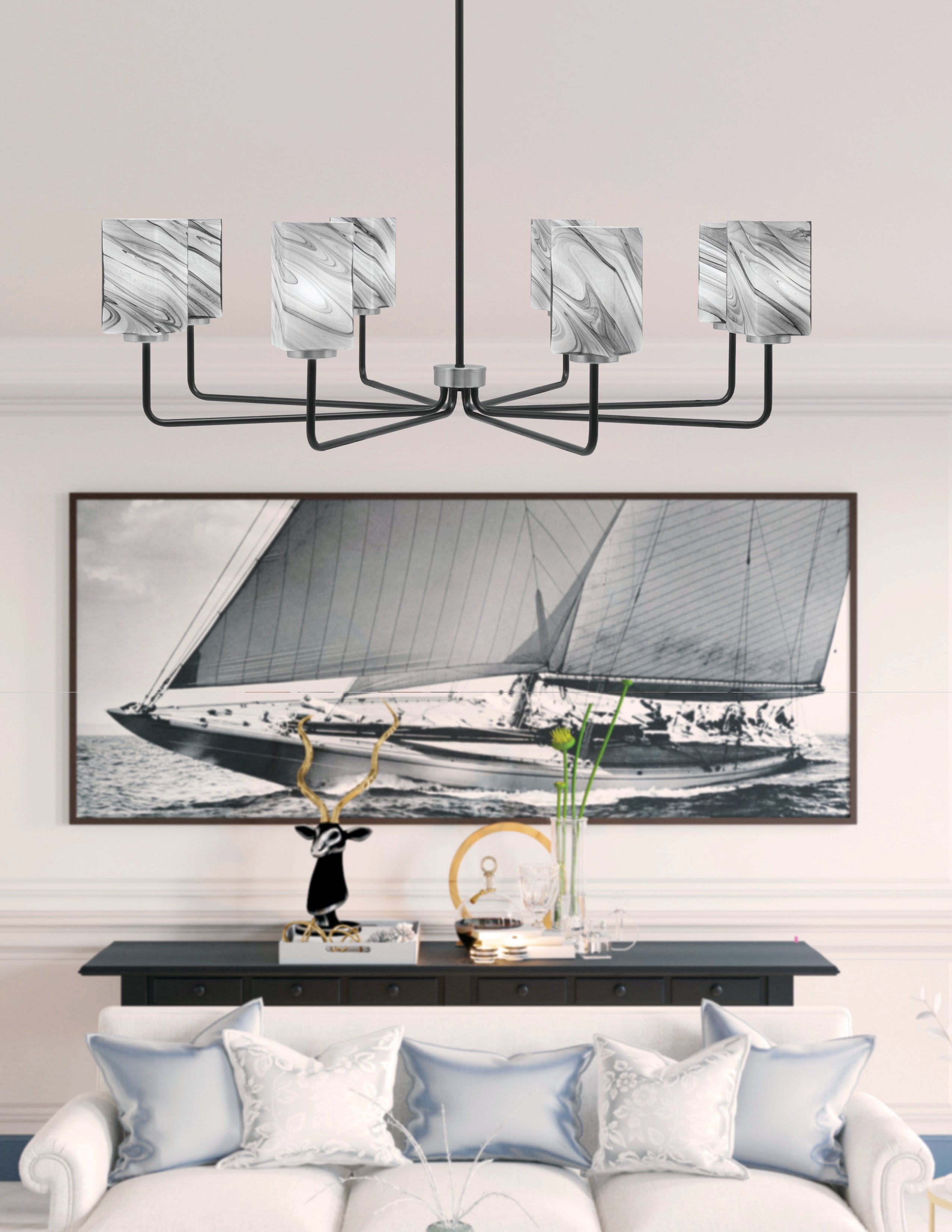 Sandia Eight Light Chandelier in Matte Black & Graphite with Onyx Swirl Shade