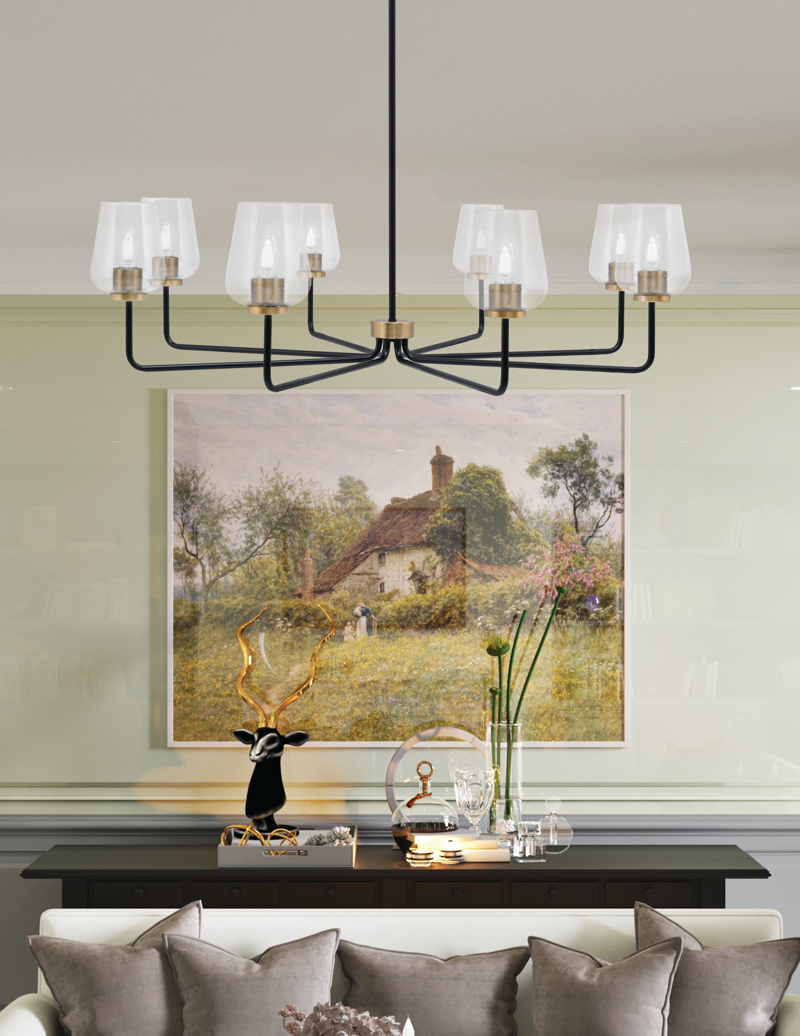 Sandia Eight Light Chandelier in Matte Black & New Age Brass with Clear Bubble Shade